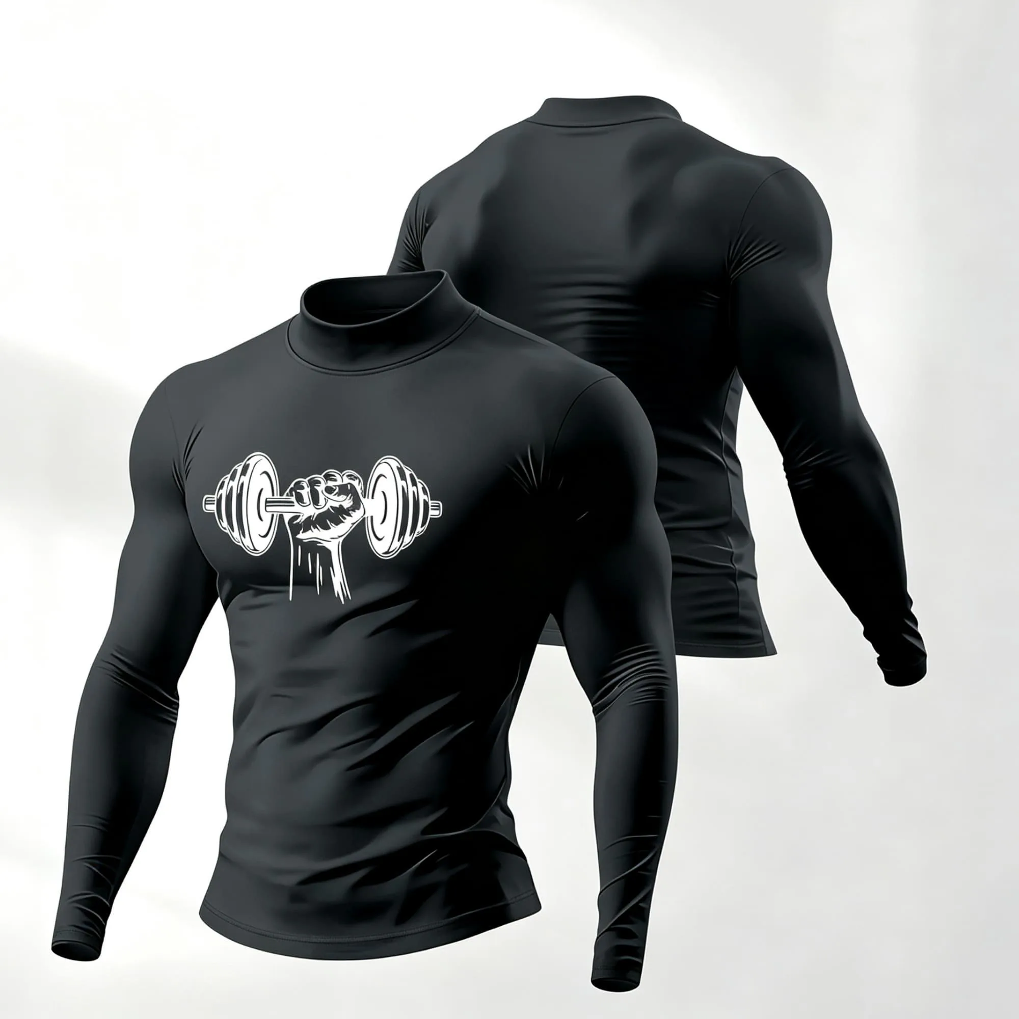 Men Bodybuilding Compression Top Half‑Collar Long Sleeve Simple Dumbbell Hand Print Breathable Workout Shirt