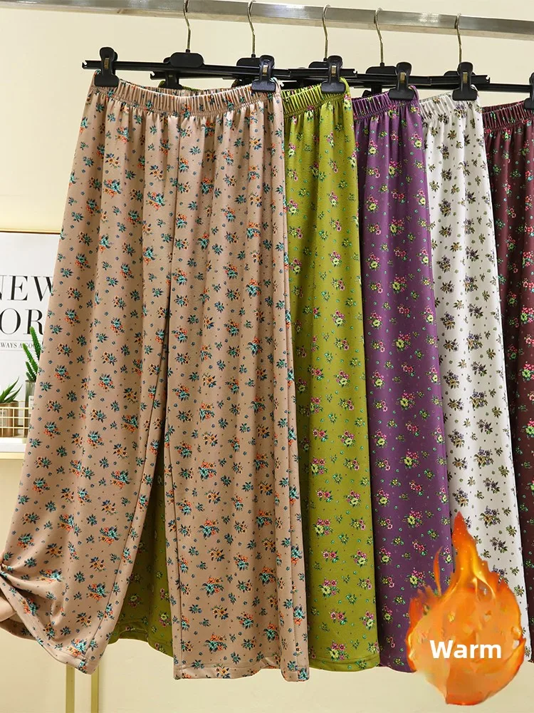 Women's Loose Fleece Lined Thickened Straight Leg Pants Winter Warm Floral Print Sleepwear Home Leisure Trousers