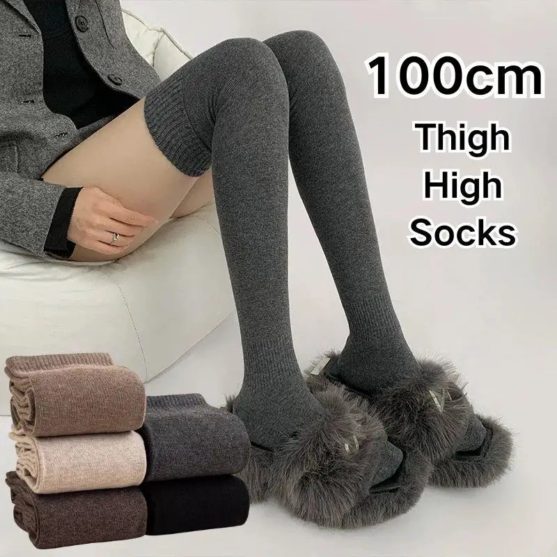 Winter Thigh High Socks For Women 100cm Lengthened JK Lolita Stockings Women's Stockings Solid Color Over The Knee Thigh Socks