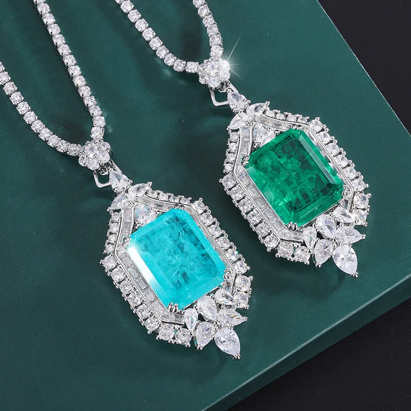 Synthetic Paraiba Emerald Blue Pendant Necklace 15*20mm Rectangle Full Stone with Chain Fashion Jewelry Accessories Wholesale