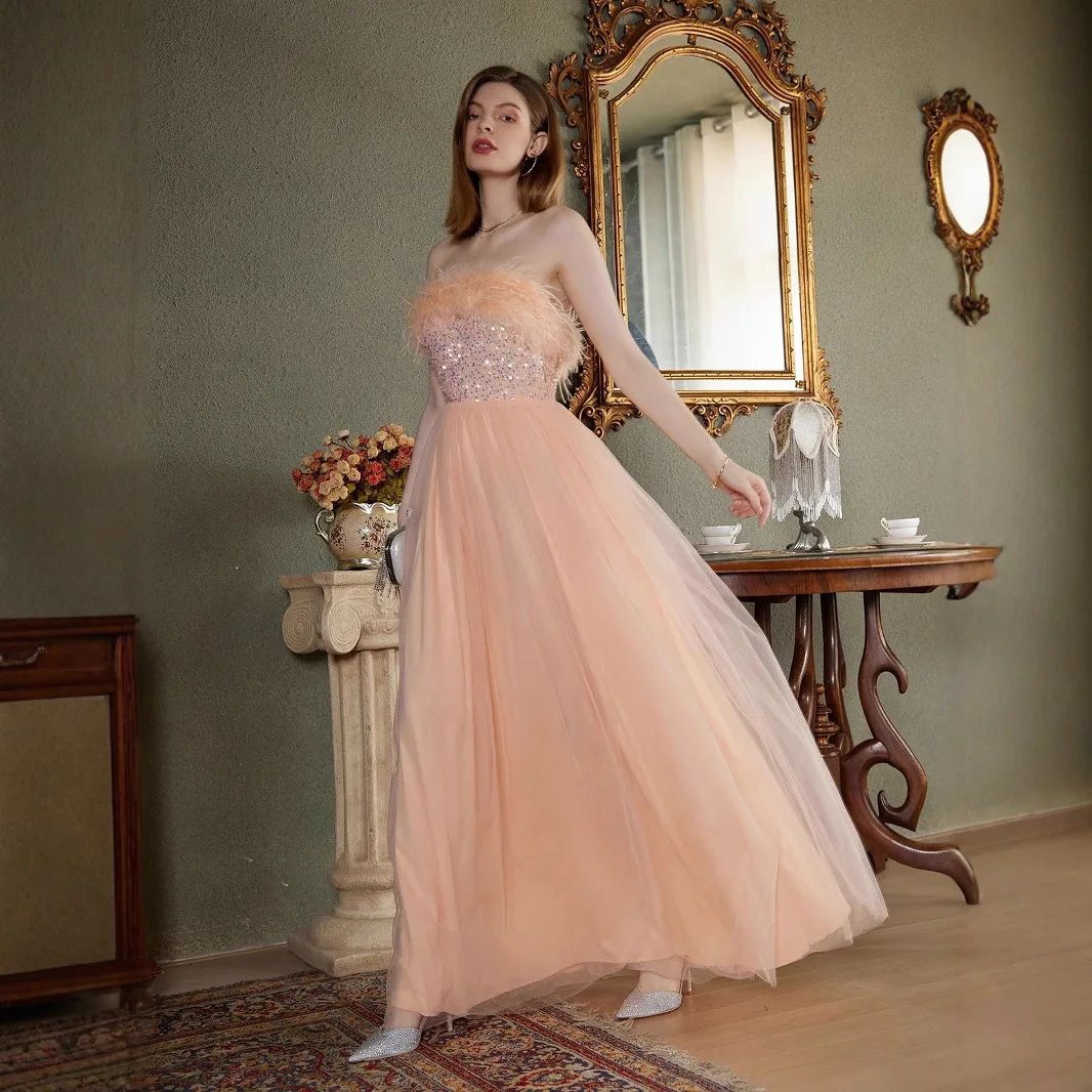 Nova cor sólida elegante sem alças luz de luxo verão lantejoulas festa vestido noite primavera 2025 vestido verão robe feminino