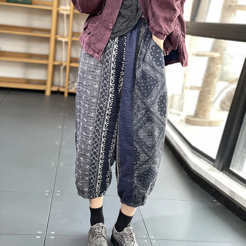 

Хлопковые и льняные брюки Харлан с ретро-принтом и высокой талией, утягивающие повседневные девятиточечные женские брюки больших размеров, летняя одежда для поездок на работу