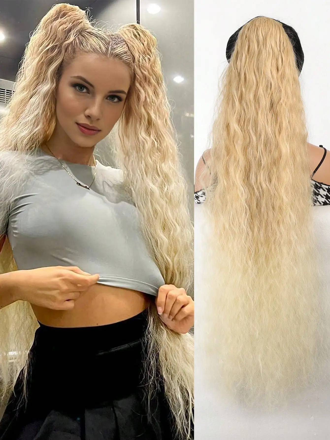 

Synthetic Ponytail Extensions Long 36 Inch Natural Curly Drawstring Ponytail Women's Dark Brown Mixed Ombre Blonde For Daily Use