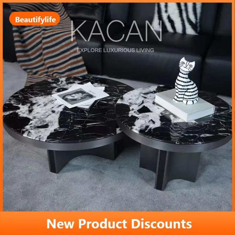 

Italian Minimalist Modern Style Light Luxury Black Marble Combination Living Room Round Coffee Table