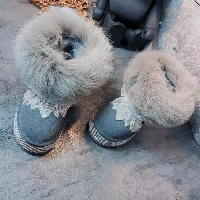 Heavy industry water diamond beaded lace thickened snow boots, thick-soled fur integrated comfortable women's cotton shoes 35-40