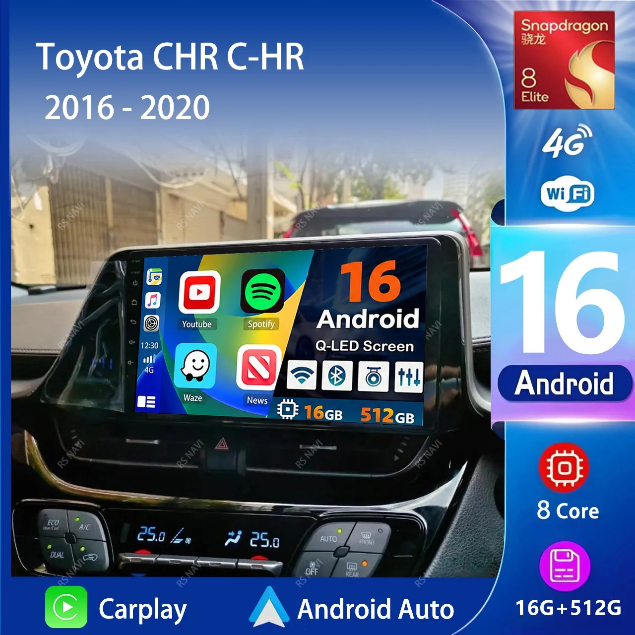 Android 16 Carplay Auto Screen Car Radio Multimedia Player For Toyota CHR C-HR 2016-2020 Right Hand Driver Stereo 2din Head Unit