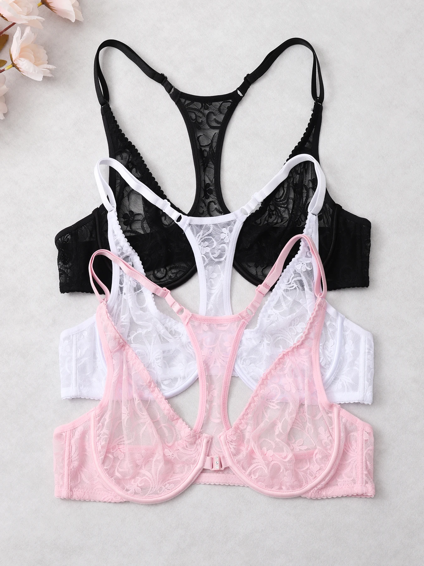 BH für Damen, Spitzen-BH mit Knöpfen vorne, Bügelunterwäsche, elegante Stickerei, schöner Rücken, Übergröße, Dessous-BH-Oberteil