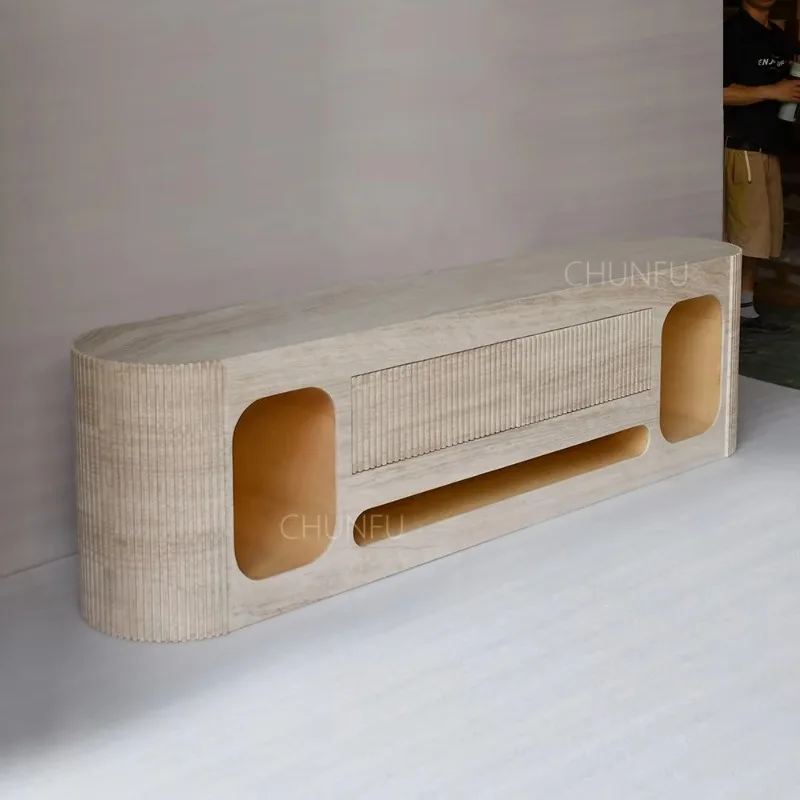 Modern Living Room Extendable Handmade TV Stand Beige Travertine Solid Wood TV Stand Bedroom Use