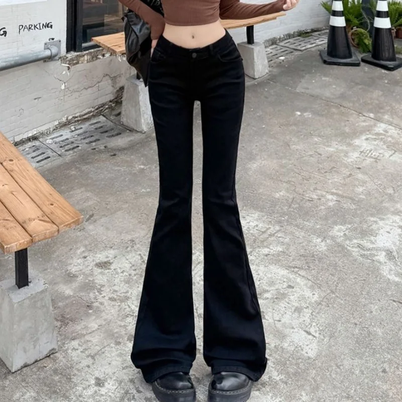 

Lady Retro Blue Thin Flared Jeans Girls Low Waist Slim Fit Denim Trousers Women Korean Fashion Straight Concise Flared Pants