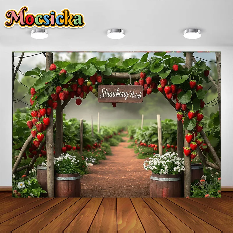 Mocsicka التصوير خلفية الأحمر الفراولة مخزن بالون الديكور خلفية لاستحمام الطفل الوليد حفلة عيد ميلاد الدعائم