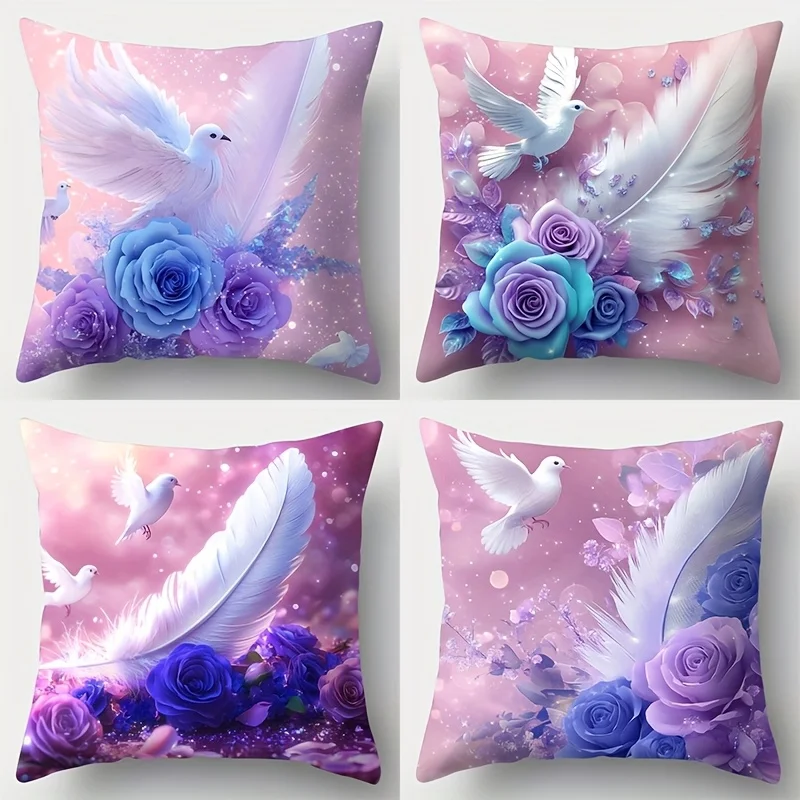 Elegant Floral Rose Dove Pillow Covers 4pcs Romantic Throw Cushion Case Boho Dreamy Home Decor Accent 40x40cm Print