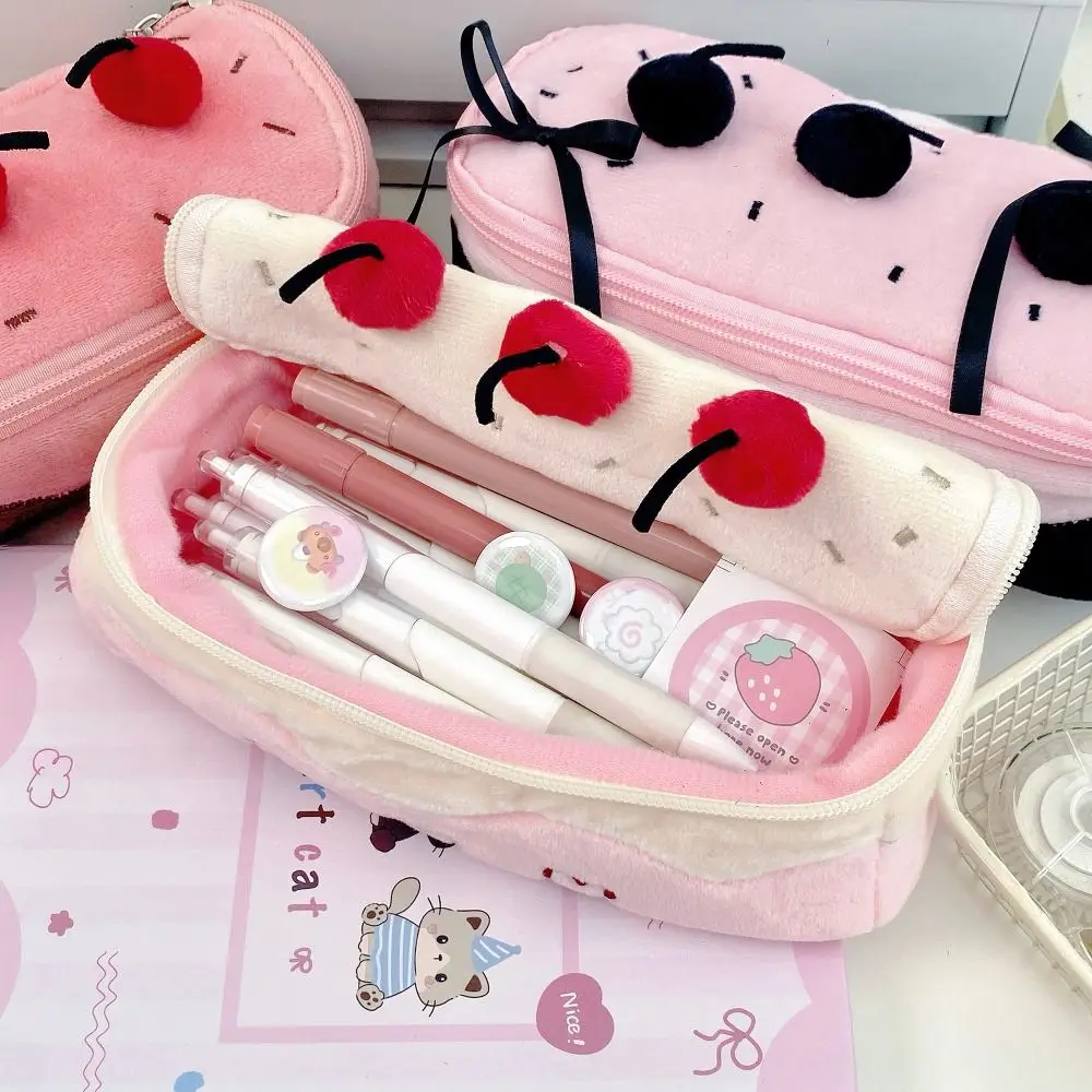New Plush Cherry Cake Pen Bag Large Capacity Pencil Case Students Multifunction Stationery Bag For School Office