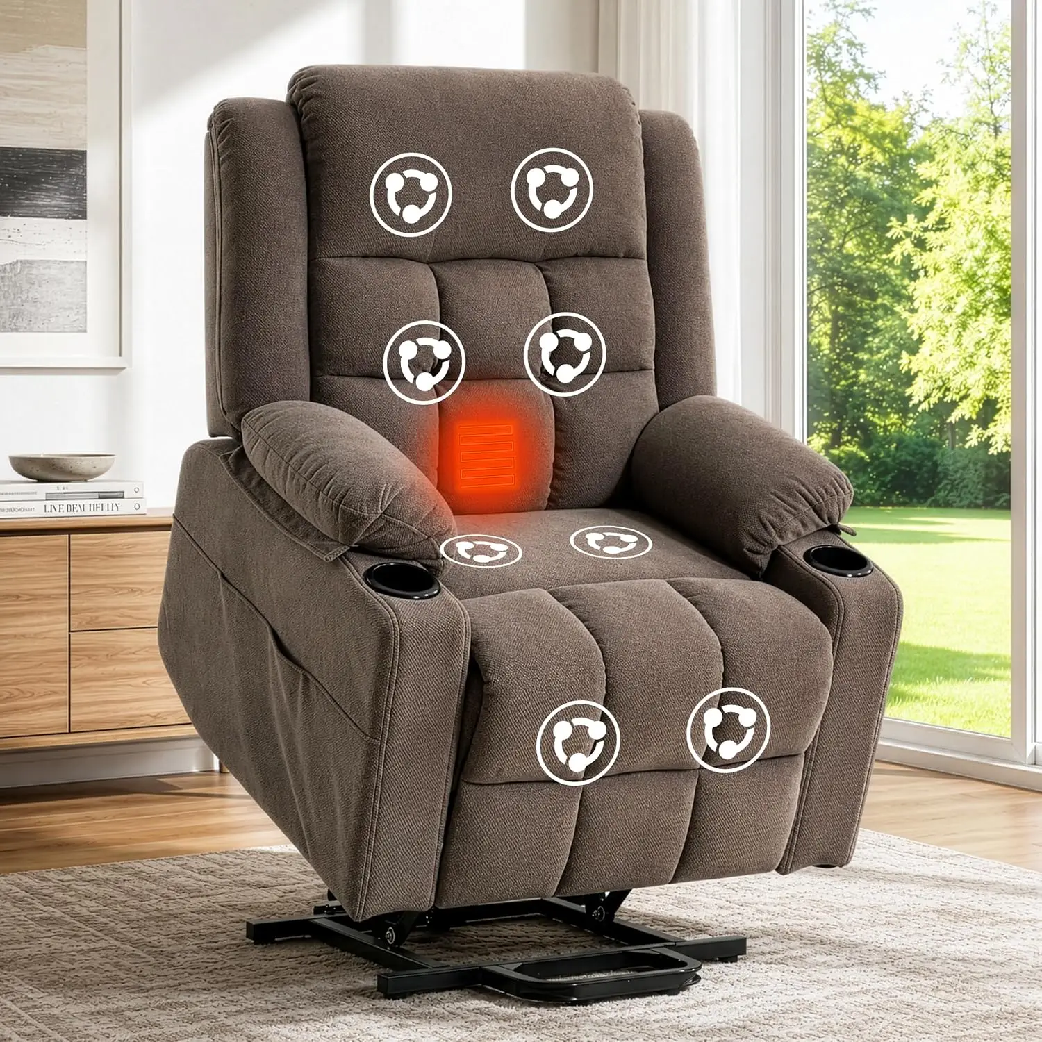 Lift Recliner Chair for Elderly with Massage & Heat, Fabric Electric Sofa with Pocket & Cup Holders, Customized