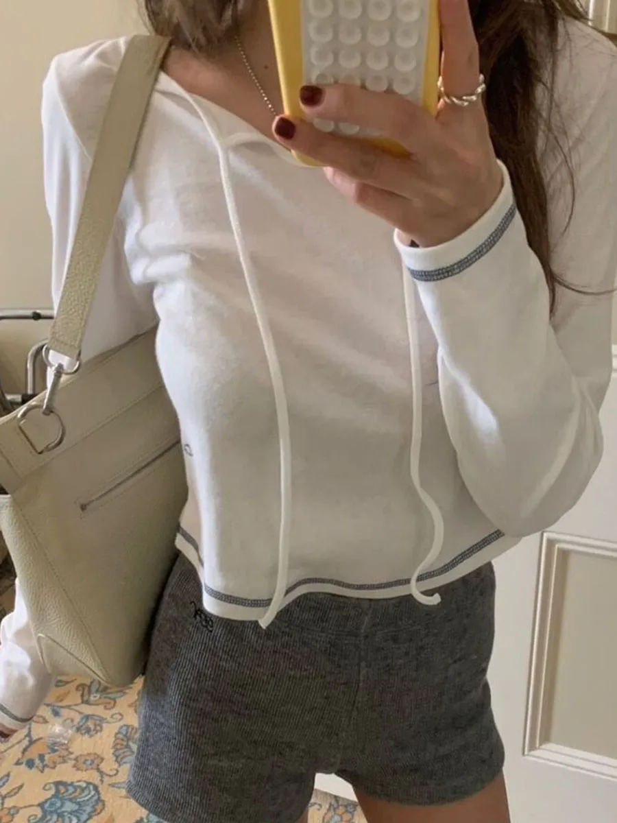

Letter Embroidery Slim T-shirt Women Lace-up O Neck Long Sleeve Short Tee Shirts Korean Fashion Casual Chic Crop Top Spring New