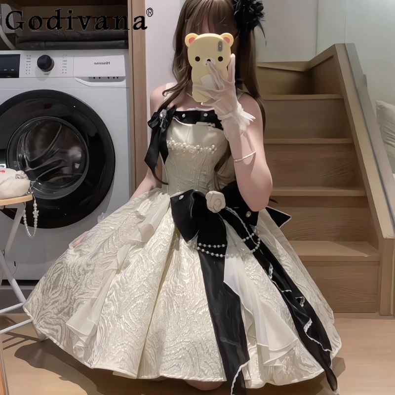 

Lolita Princess Elegant Short Dress Women Birthday Ceremony Party Banquet Princess Dress Female Sleeveless Sweet Bow Dress