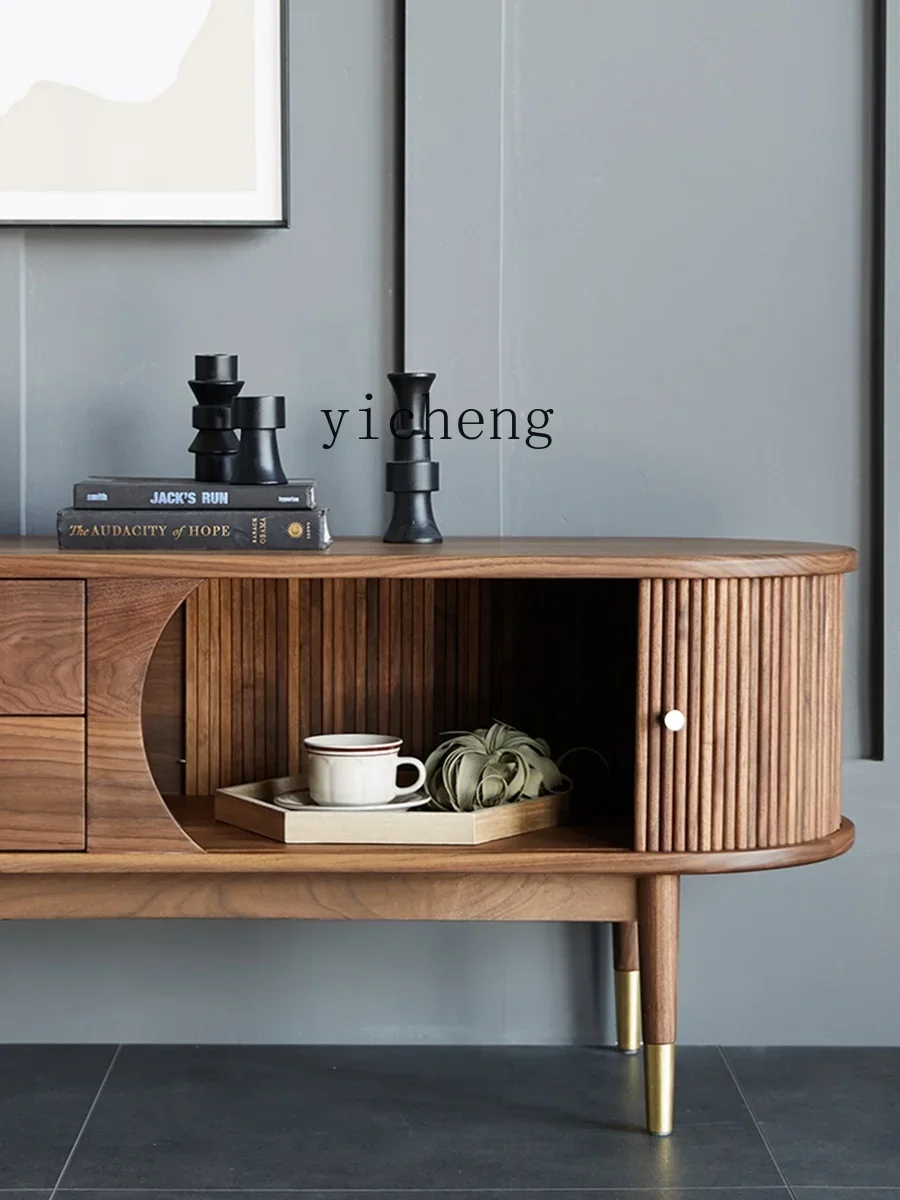 Black Walnut Solid Wood TV Cabinet, Rolling Shutter Door, Arc TV CabinetX24