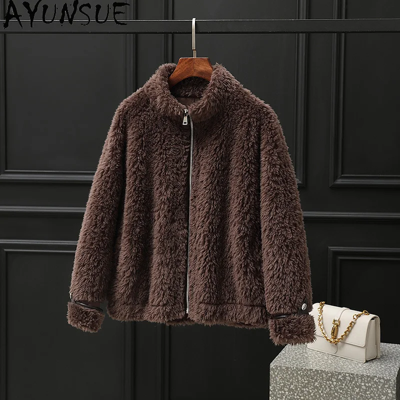 AYUNSUE 100% Real Wool Coat Women Grain Sheep Shearling Jackets Woman Short Style Autumn Clothes Composite Fur Пальто Женское