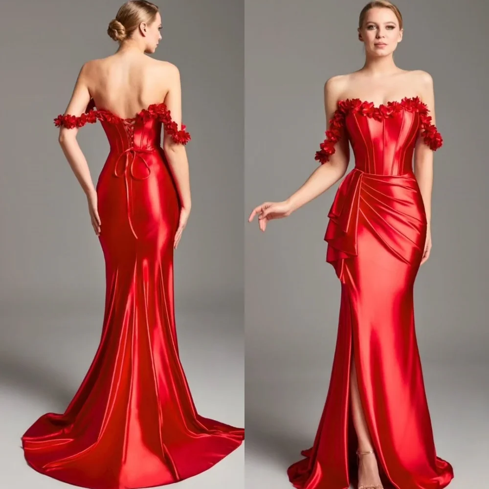 Aangepaste zeemeermin luxe rode satijnen avondjurken Mode off-the-shoulder homecoming-jurken Moderne jurken voor speciale gelegenheden