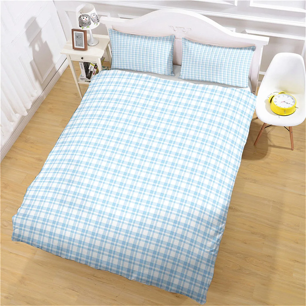 HUANZHUANG Simple Blue Lattice 3Pcs Printed Duvet Cover Colored Bedding Quilt Cover High Quality Skin Friendly Fabric Polyester