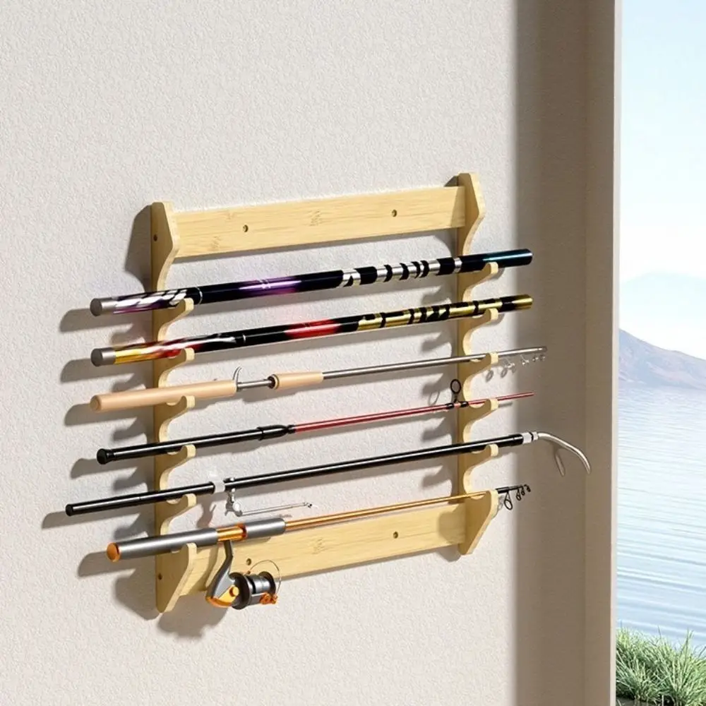 Bamboo Fishing Rod Storage Rack Wall Mounted Large Capacity Fishing Rod Display Rack Space Saving Fishing Rod Holder