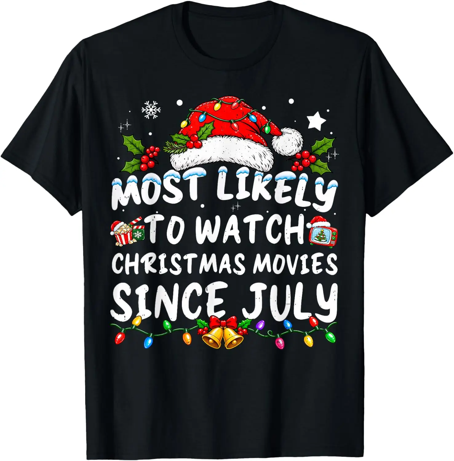Most Likely To Watch All The Movies Christmas T-Shirt Funny Christmas Cotton T-Shirt – Quick-Drying, Loose-Fit, Short-Sleeved