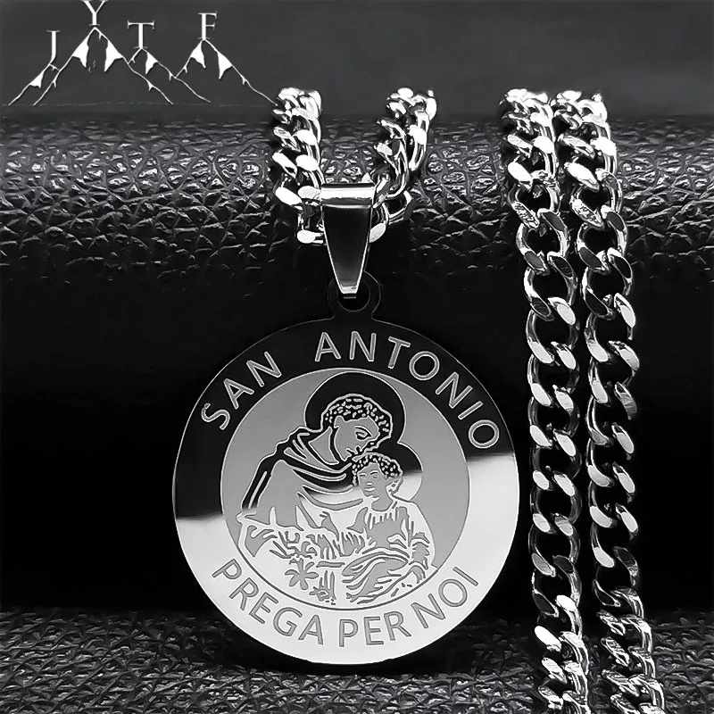 SAN ANTONIO PRAYS FOR US Archangel Round Stainless Steel Necklaces Silver Color Necklace Jewelry religieux médaille N2314S05