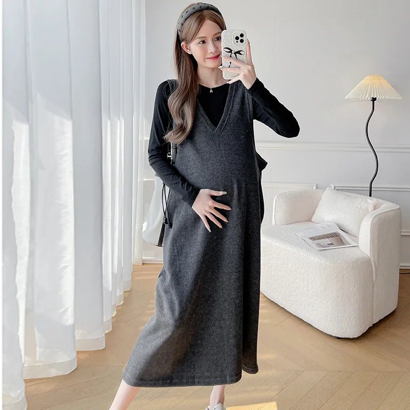 

Autumn Winter Maternity Clothes Long Loose Sleeveless V-neck Pregnant Woman Tank Dress Plus Size Pregnant Woman Sundress Black