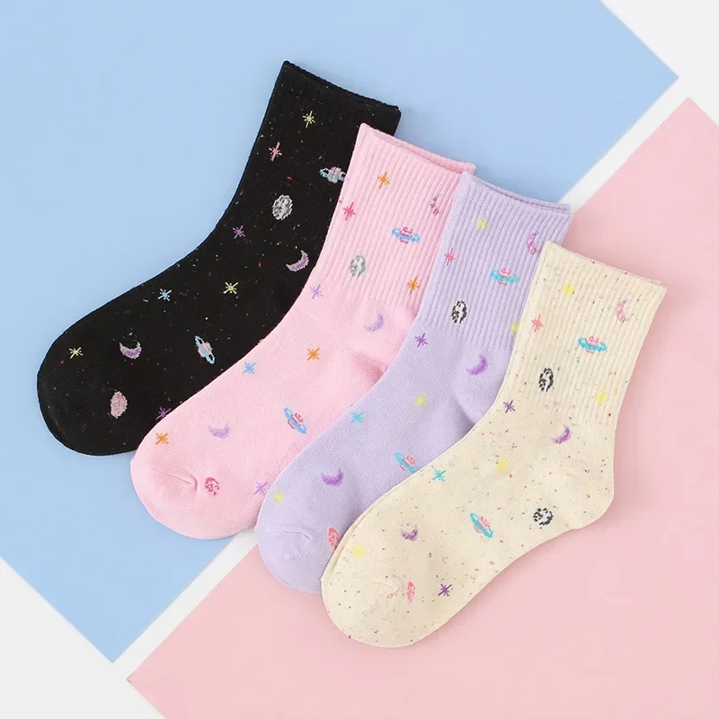 Chaussettes décontractées en coton Kawaii pour femmes, à volants drôles, version coréenne, imprimé de dessin animé, planète, lune, doux, été