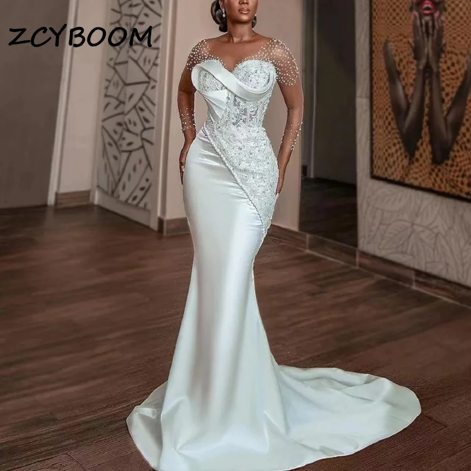 

Elegant Satin Bride Dresses Sweetheart Pearls Mermaid For Women Cut-out Court Train 2024 Wedding Dresses For Formal Occasions