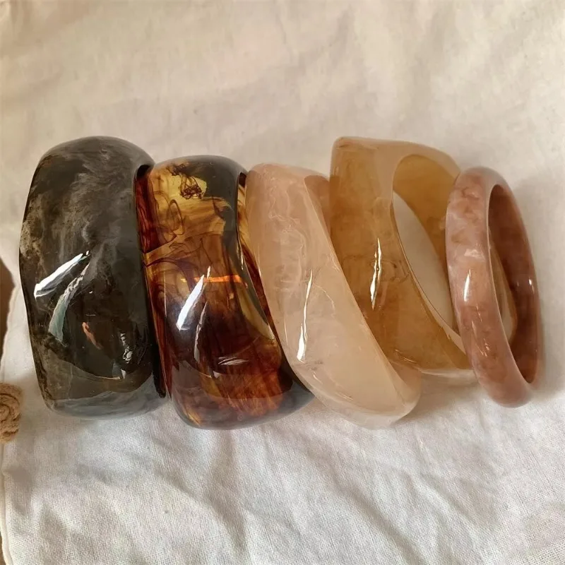 Vintage Wide Geometric Resin Bangle, Irregular Chunky Beige Brown Coffee Bracelet, Fashion Statement Jewelry Gift for Women