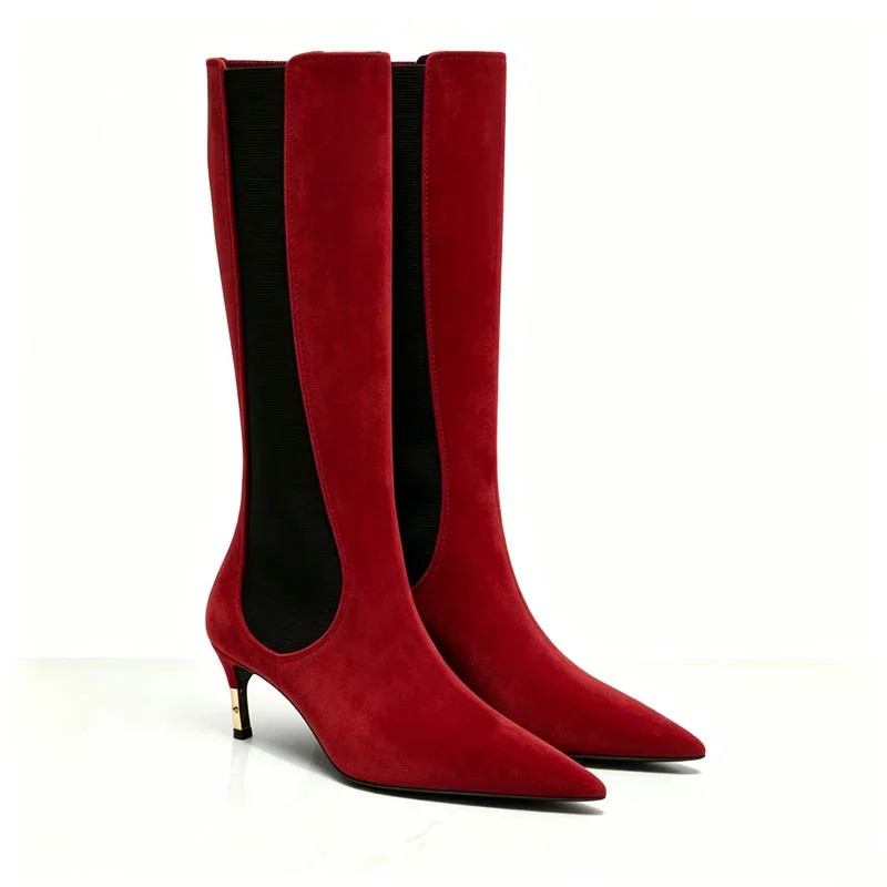 2026 New Low Heel Knee High Boots with Pointed Kitten Heels and Elastic Fabric Autumn and Winter Fashionable Mid Length Boots