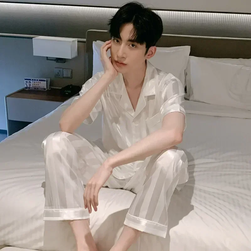 Pyjamas Suit Sleeved Clothing Short Silk Satin Sleepwear Thin Set Ice Pajamas Striped Male White Summer Home Pants Men Long