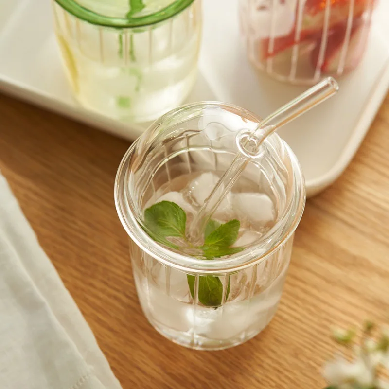 460ml Stripe Glass Cup Transparent Glasses With Lid and Straw Ice Coffee Mug Tea Cup Juice Glass Milk Water Cup Drinkware