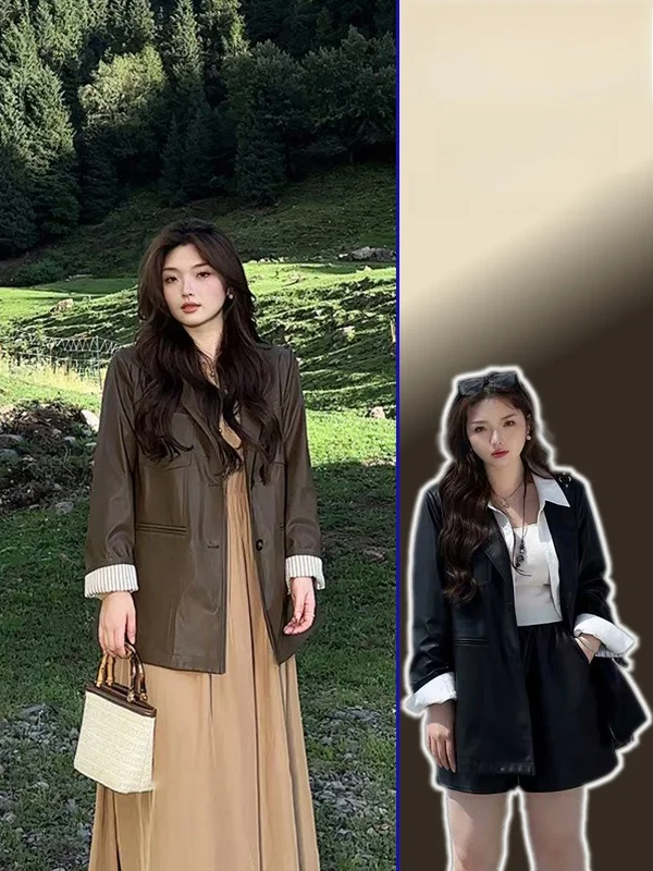 

Женское весеннее кожаное пальто больших размеров с длинным рукавом, воротником, на одной пуговице, в ретро-стиле, прямого кроя, из искусственной кожи