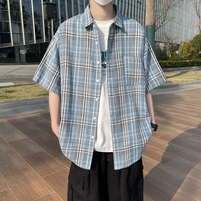Summer Large Size Men Oversized Shirts Fashion Hip Hop Short Sleeved Loose Man Shirt Plaid Print Single Pocket Casual Mens Shirt