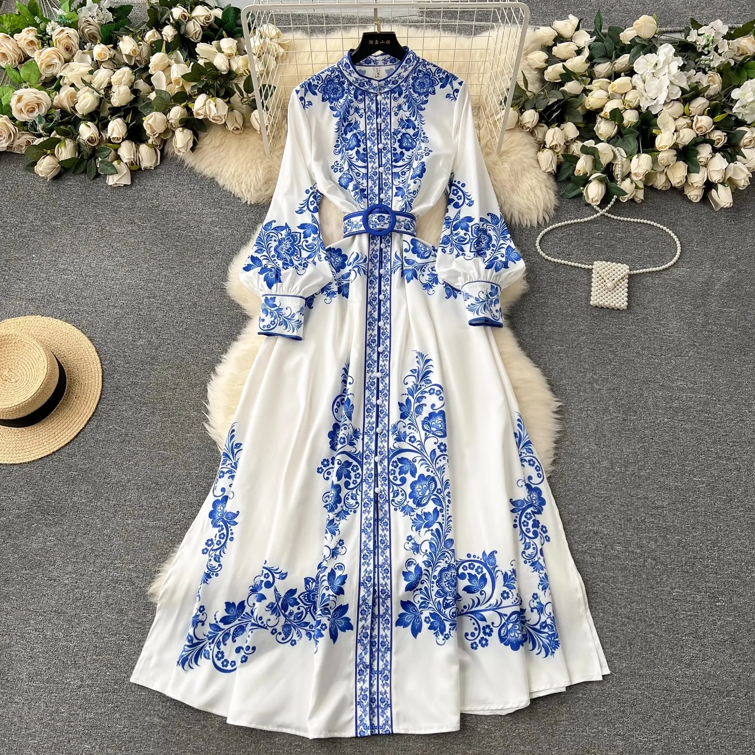 

2024 Fashion Blue Flower Print Maxi Dress Women Clothing Long Lantern Sleeve Single Breasted Belt Side Split Robe Vestidos 2377