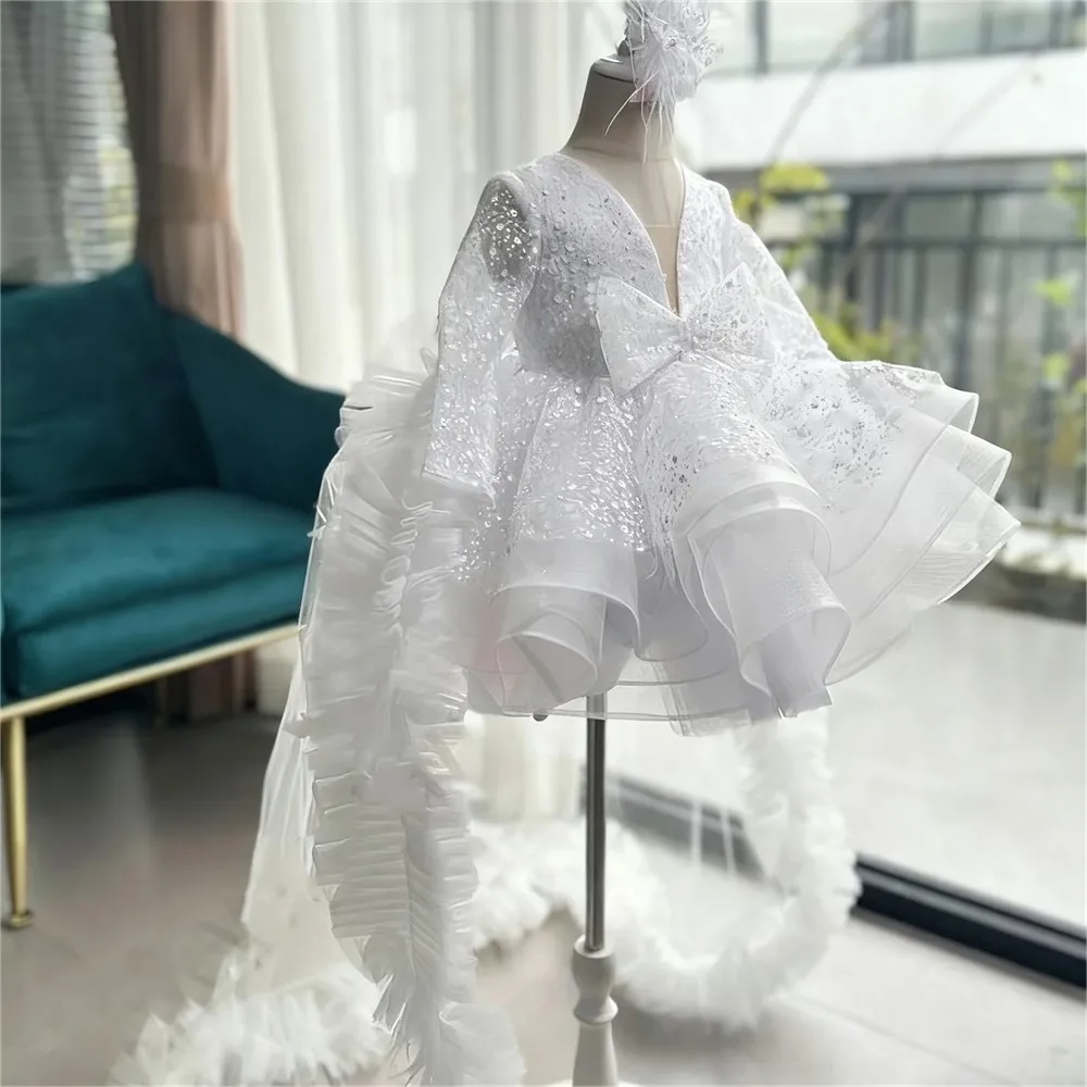 

Customized Flower Girl Wedding Dress Sequins Long Sleeve Tailing V-Neck Tiered Puffy Birthday Party First Communion Ball Gown