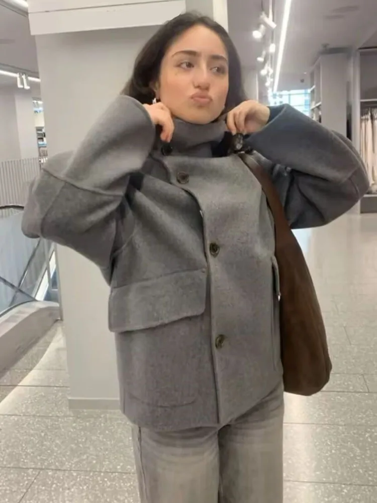 

HH Women Short Coat High Collar Single Breasted Pocket Decoration Fashion Slim Overcoat Female Long Sleeves Loose Casual Jacket