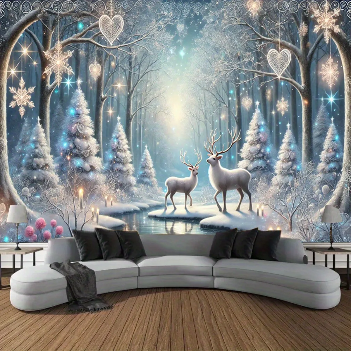 

VIKAMA Скандинавская снежная сцена с оленями, гобелен для гостиной, декор для стен, зимний праздник, акцент для комнаты