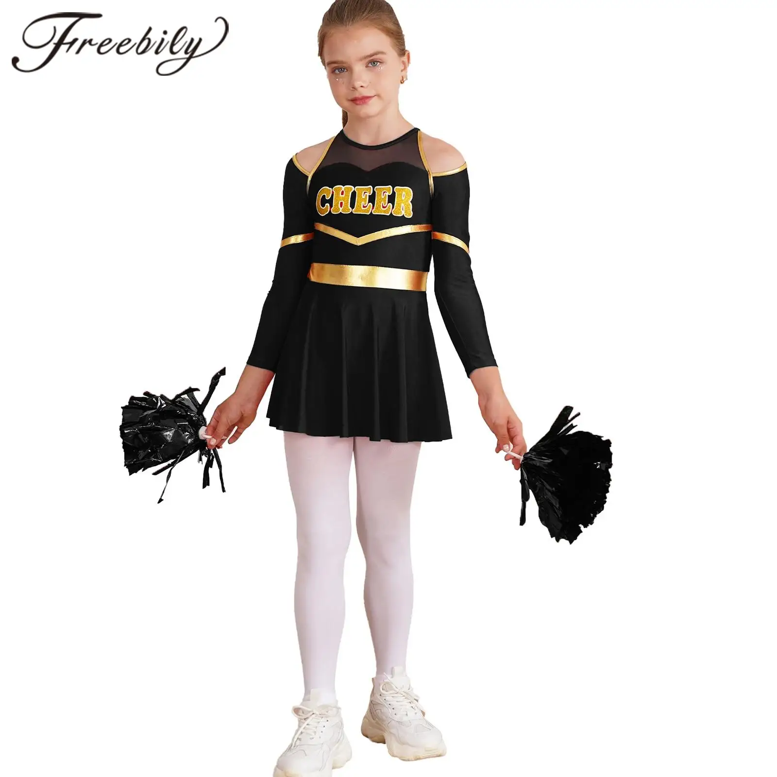 Tenue de danse Cheer pour enfants, uniforme de pom-pom girl pour filles d'école, robe justaucorps à manches longues pour enfants, fleurs à la main pour l'équipe d'encouragement