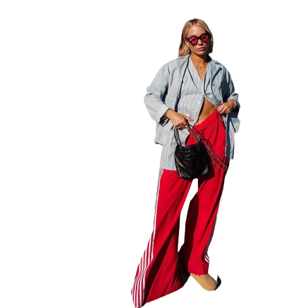 Pantalon de sport tissé rayé pour femmes, décontracté, taille mi-basse, jambe droite, Fiber de Polyester, tissu PVC, extensible moyen, nouvelle collection automne