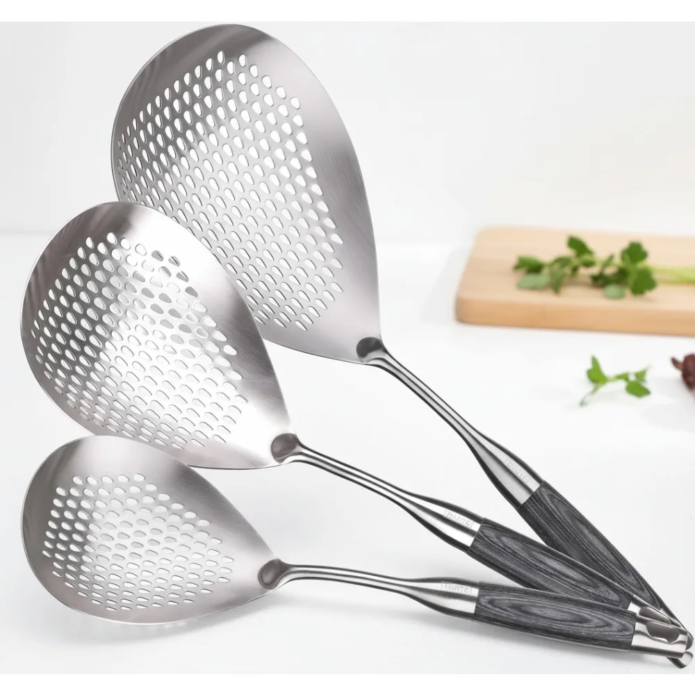 

Набор из 3 ложек для скиммера из нержавеющей стали - кухонное сито с деревянной ручкой для жарки макарон, кухонная утварь