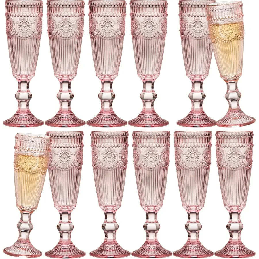 12 Uds. Copas de champán de vidrio de 5 onzas, copas de vino espumantes de vidrio de colores en relieve con flores Vintage para champán Cava Prosecco