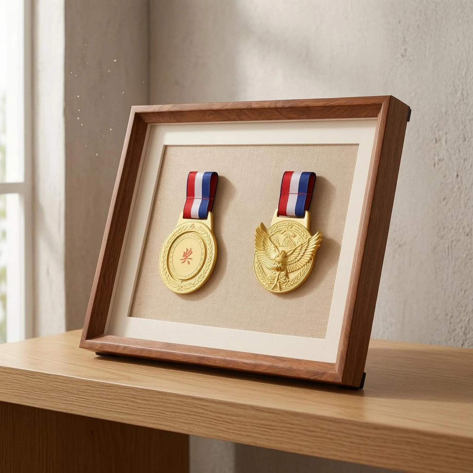 Medal Display Shadow Box Light Inner Mat Medal Display Frame Shadow Box Frame Textured House Decoration Beige Backing
