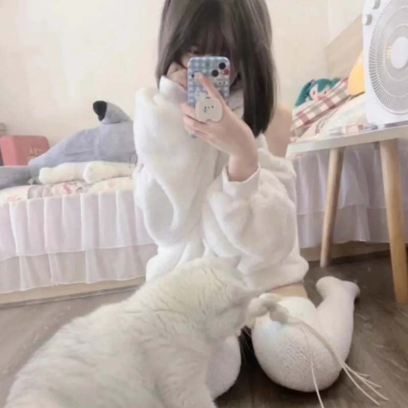 Sweet White Off Shoulder Hoodie Sweatshirt 2024 Autumn New Fluffy Thicked Warm Tops Women Y2k E-Girl Long Sleeve Sweatshirts