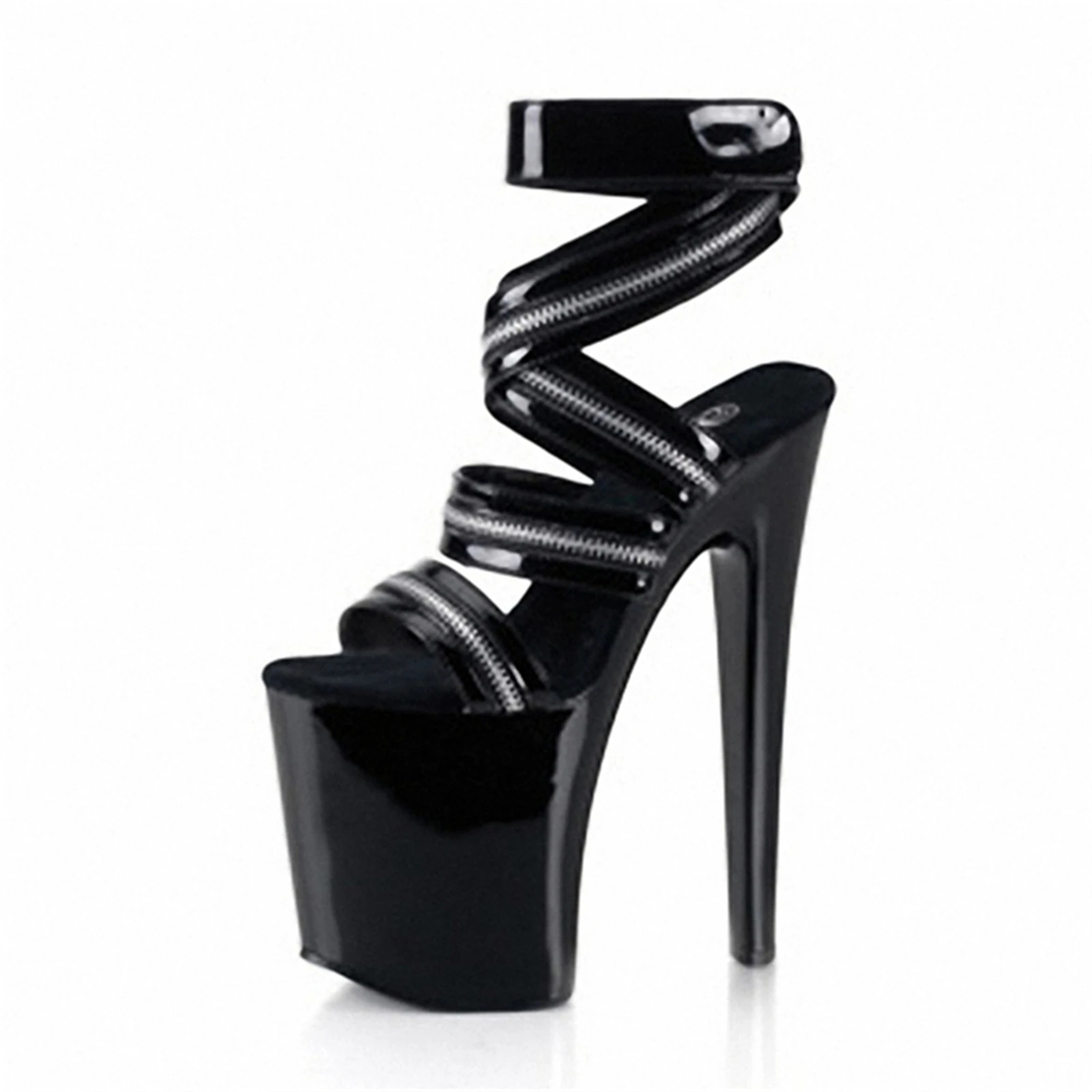Black Sexy 20CM Stiletto Patent Peep Toe Heels - Thin Ankle Strap & Silver Buckle | Red Trim Sides + Office & Party Heels