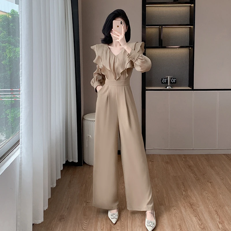 

2024 New Elegant Autumn Solid Office Ladies Wide Leg Romper Jumpsuit For Women V Neck Ruffles Long Sleeve Pockets Pants Jumpsuit