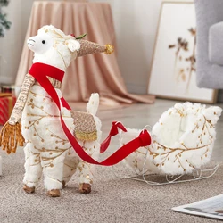 Christmas Deer Cart Ornament Big Snowman Elk Desktop Ornament Wrought White Golden Plush Sleigh Cart Table Figures Ornaments