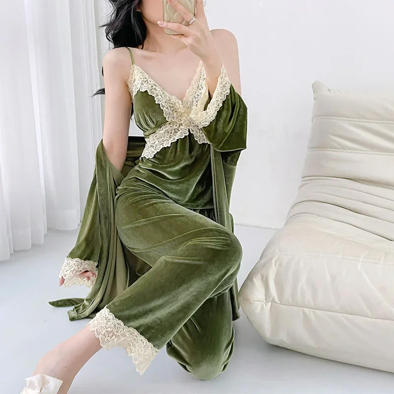 

New Three-Piece Velvet Sleepwear Set Women's Spring Autumn Sexy Lace Home Clothes with Chest Pad Strap V-Neck Comfortable Nightg