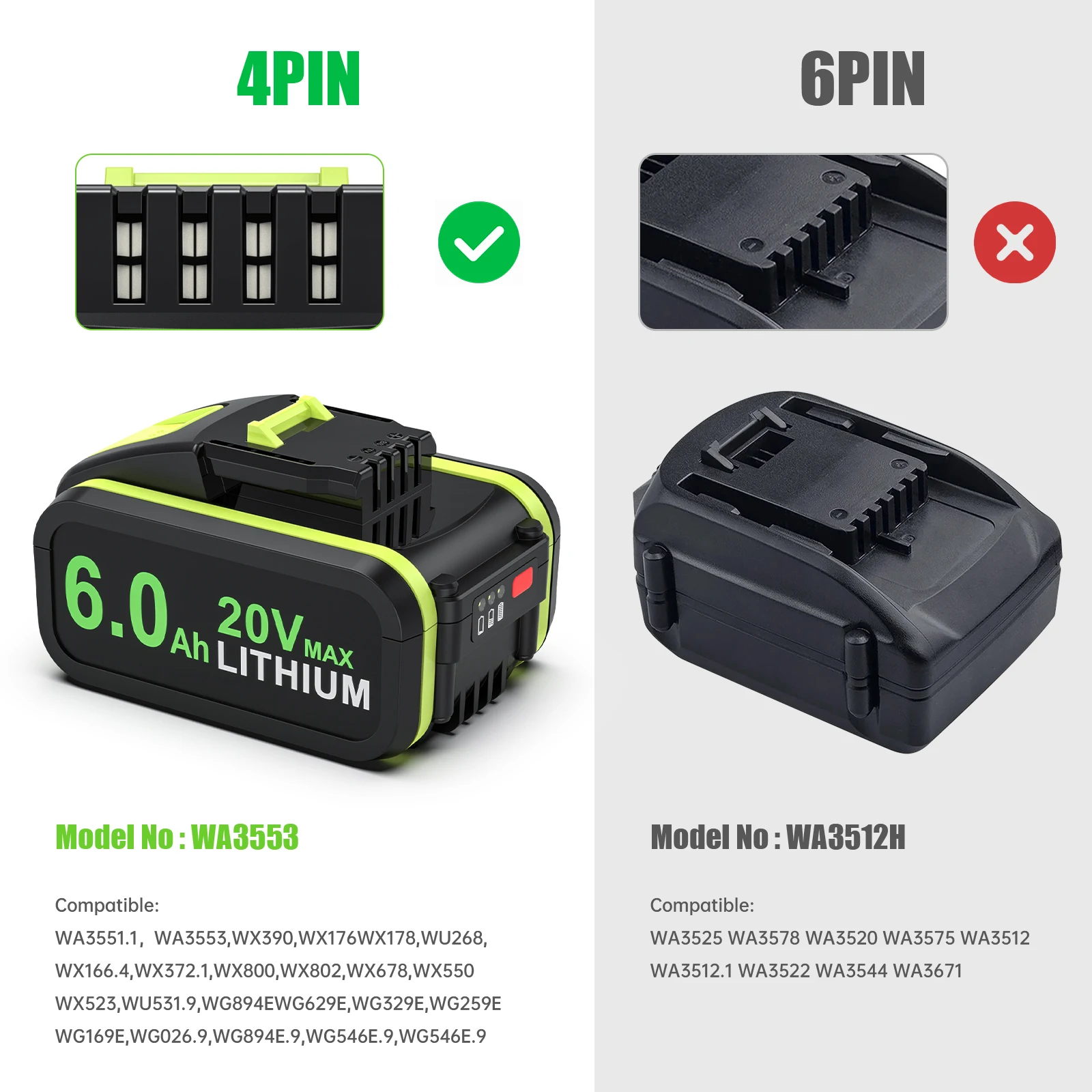 6000mAh Battery For Worx WA3553/WA3551 20V Cordless Power Tool Battery WA3572 WA3553 WX390  WX176 WX178 WU268 Spare Batteriies